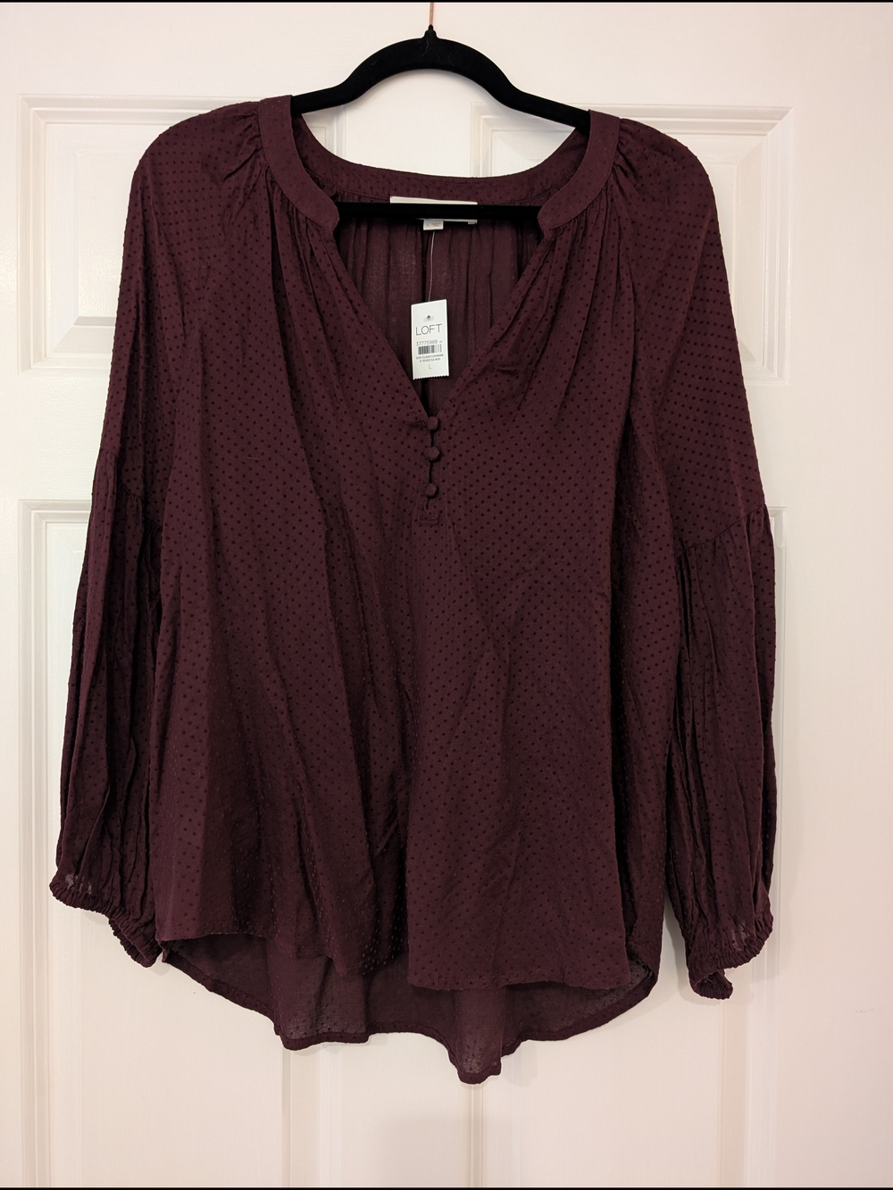NWT LOFT Plum Long Sleeve Swiss Dot Peasant Blouse L